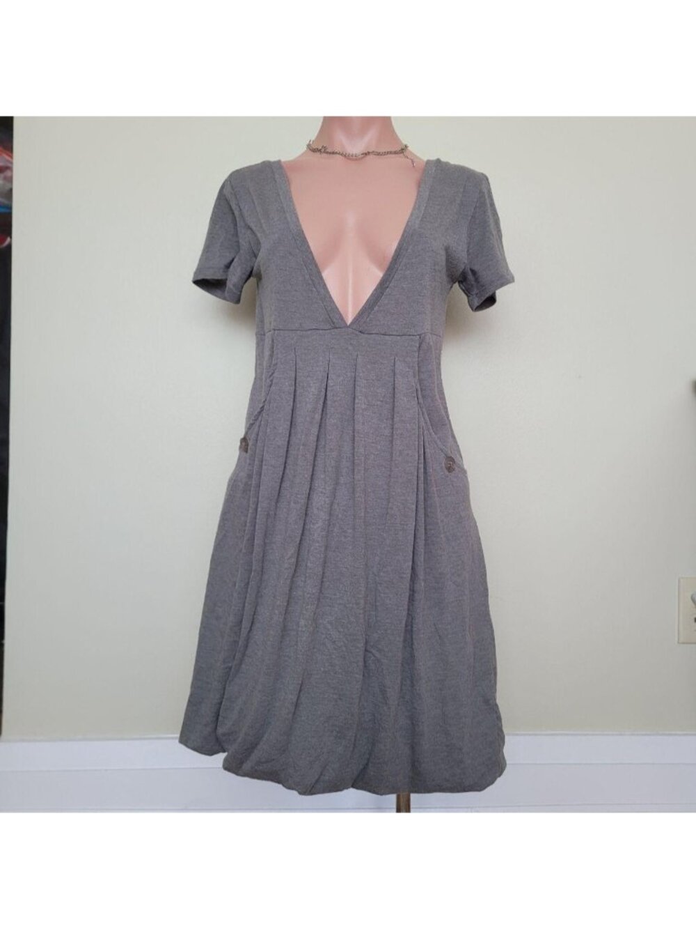 Industry Babydoll Dress Emo Grunge Deep V-Neck Button Placket Gray Midi Dress